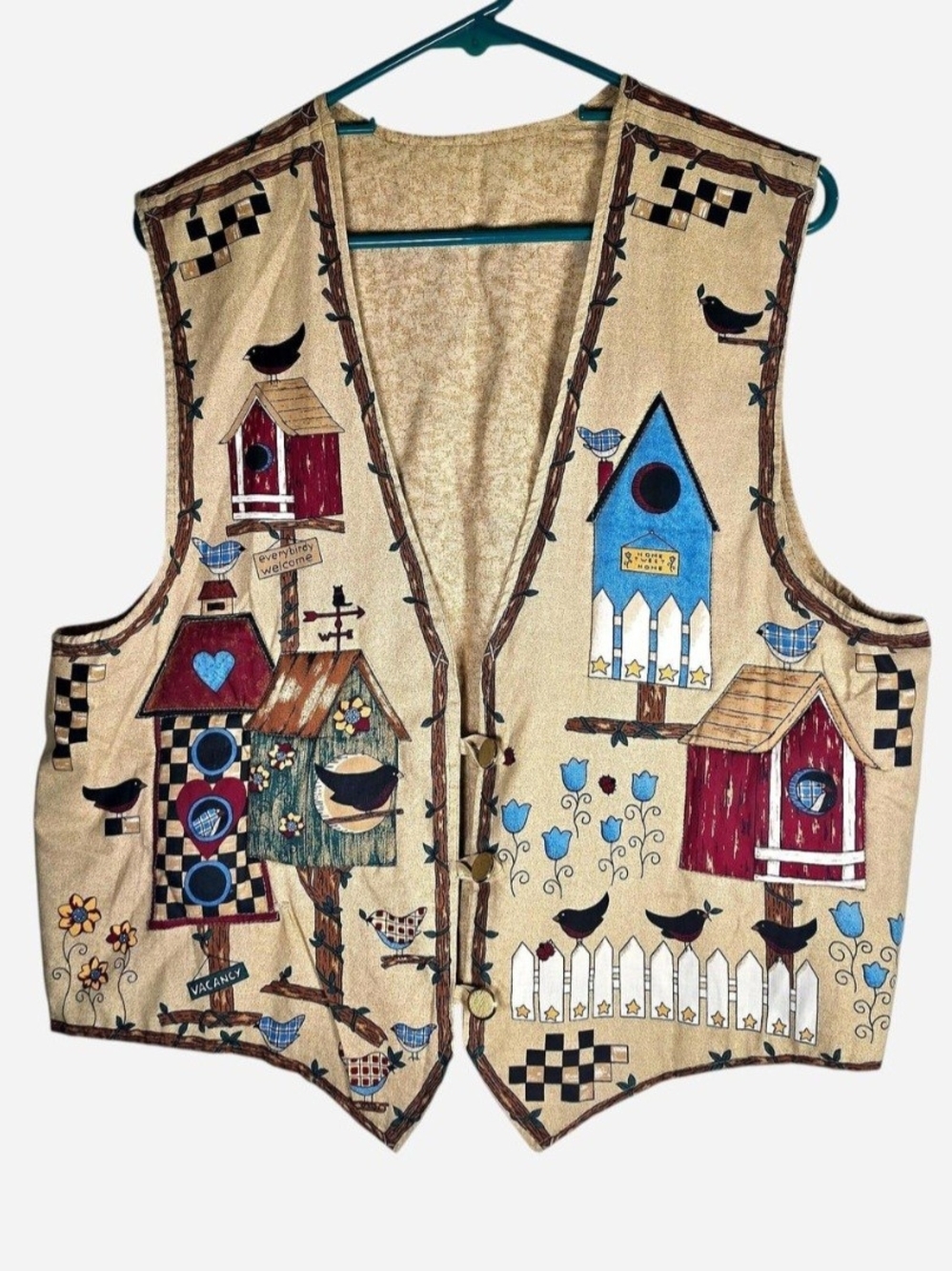 Kitschy Bird Vest Birdhouse Vintage Art Homemade Womens Vest Size XL
